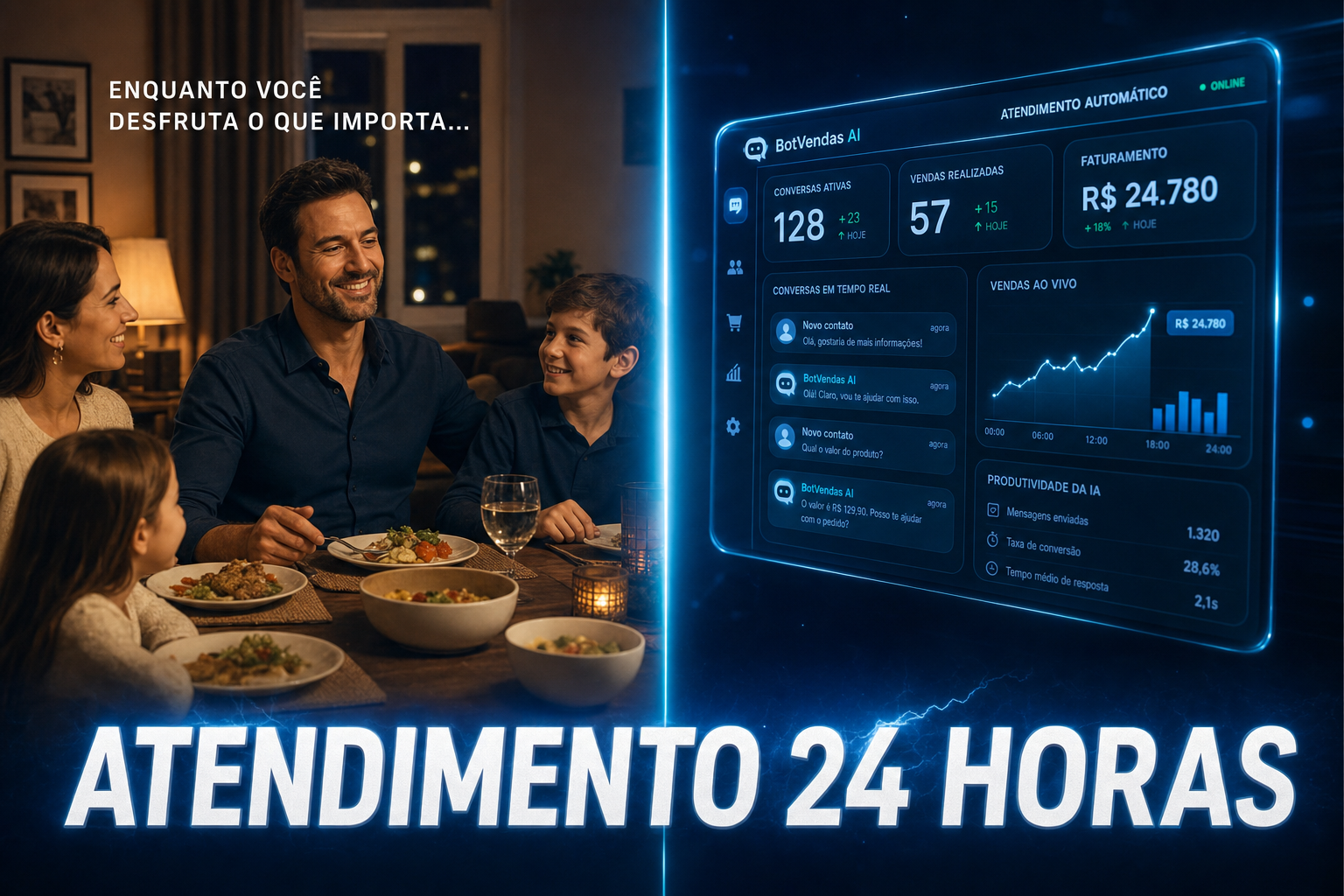 Painel do BotVendas AI operando enquanto o empresário aproveita o tempo com a família